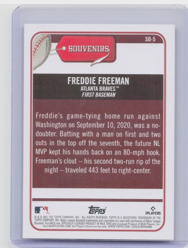 2021 Topps Big League Freddie Freeman Souvenirs #SO-5 Braves - Image 3