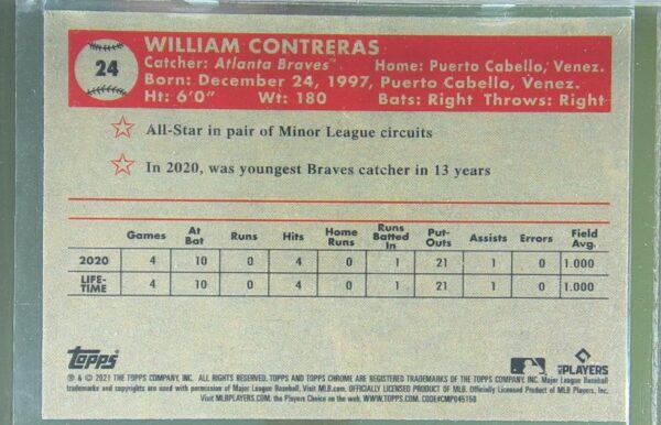 2021 Topps Chrome Platinum William Contreras Prism Refractor #24 Braves - Image 3