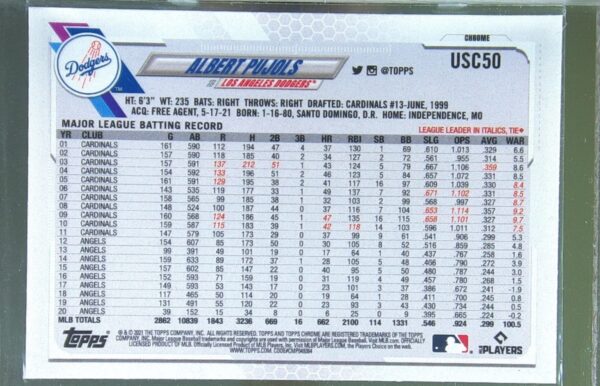 2021 Topps Chrome Update Albert Pujols Purple Refractor #USC50 Dodgers - Image 3