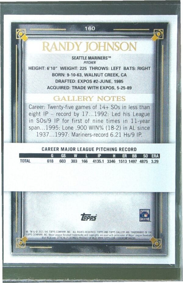 2021 Topps Gallery Randy Johnson #160 Mariners - Image 3