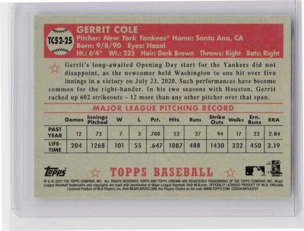 2021 Topps Gerrit Cole #TC52-25 Yankees 1952 Topps Redux Chrome - Image 3
