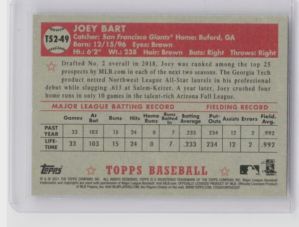 2021 Topps Joey Bart #T52-49 Giants 1952 Topps Redux - Image 3