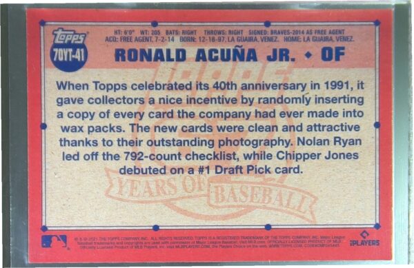 2021 Topps Ronald Acuna Jr. #70YT-41 Braves 70 Years of Topps Baseball Series 2 - Image 3