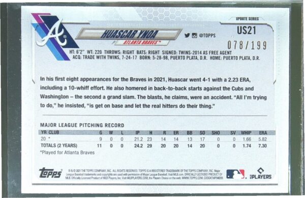 2021 Topps Update Huascar Ynoa Red Foilboard /199 RC #US21 Braves - Image 3