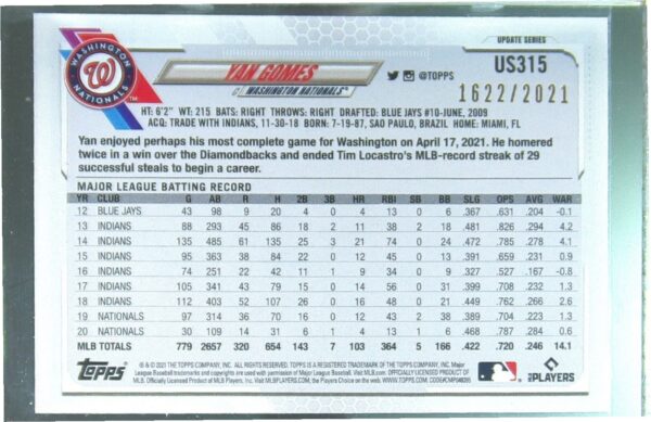 2021 Topps Update Yan Gomes Gold /2021 #US315 Nationals - Image 3