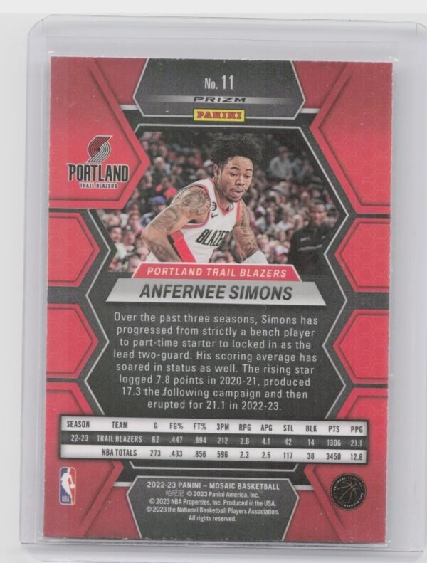 2022-23 Panini Mosaic Anfernee Simons Mosaic #11 Blazers - Image 3