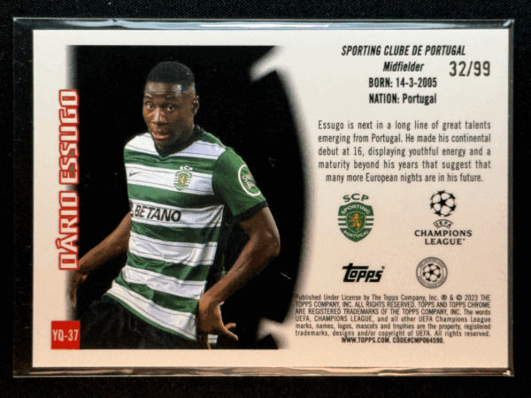 2022-23 Topps Chrome UEFA Dario Essugo Youthquake Green Refractor /99 Rookie RC - Image 3