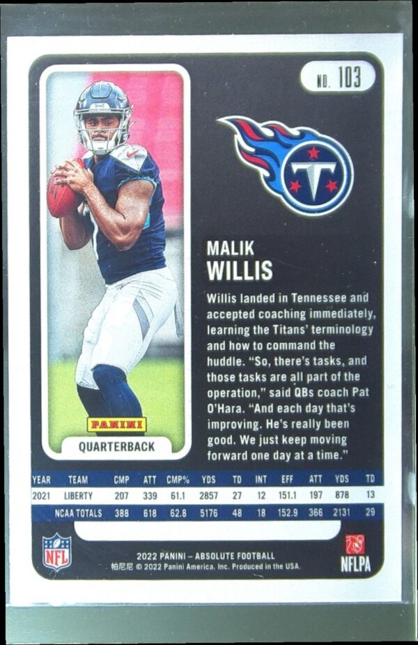 2022 Absolute Malik Willis Retail RC #103 Titans - Image 3