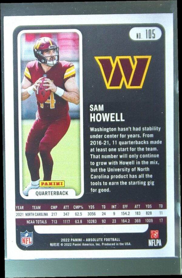 2022 Absolute Sam Howell Retail RC #105 Commanders - Image 3