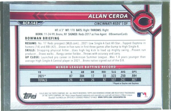 2022 Bowman Allan Cerda /250 #BCP-142 Reds Chrome Prospects Purple RayWave - Image 3