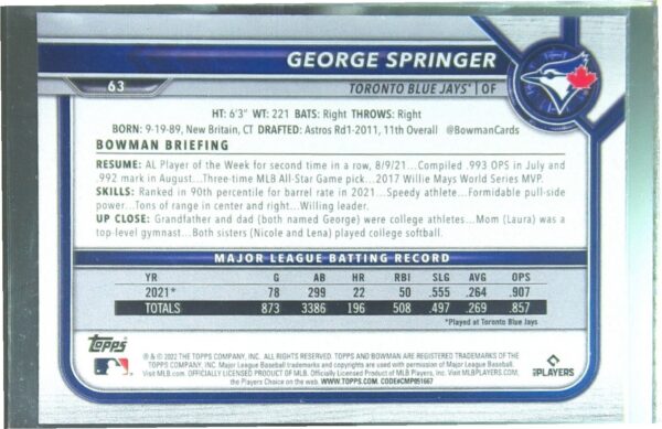 2022 Bowman George Springer Sky Blue /499 #63 Jays - Image 3
