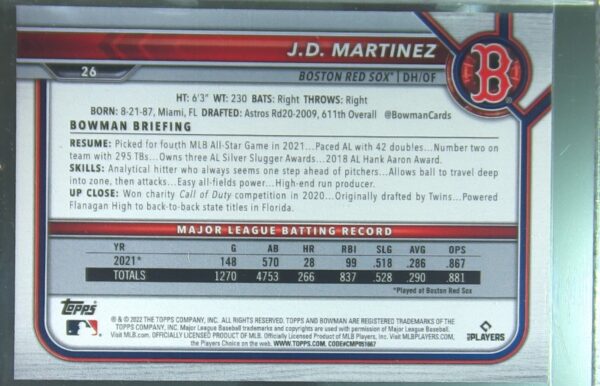 2022 Bowman J.D. Martinez Yellow /75 #26 Sox - Image 3