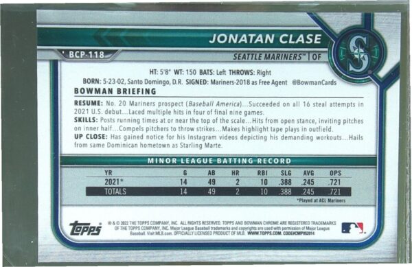 2022 Bowman Jonatan Clase /199 #BCP-118 Chrome Prospects Mojo Pink Refractor - Image 3