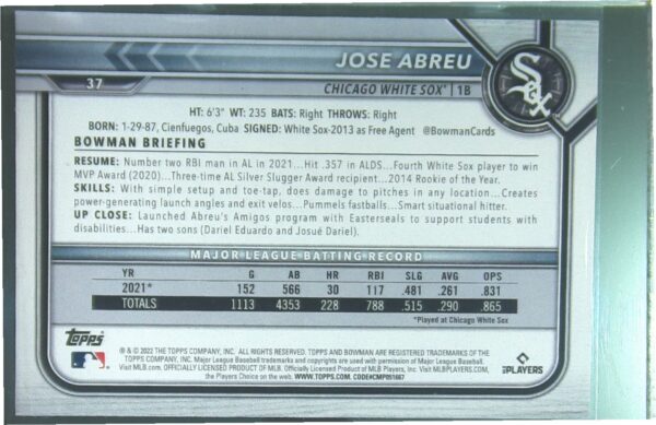 2022 Bowman Jose Abreu Neon Green /399 #37 Sox - Image 3
