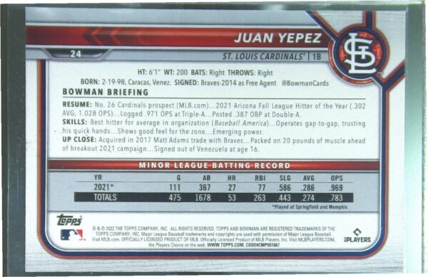 2022 Bowman Juan Yepez Purple /250 RC #24 Cardinals - Image 3