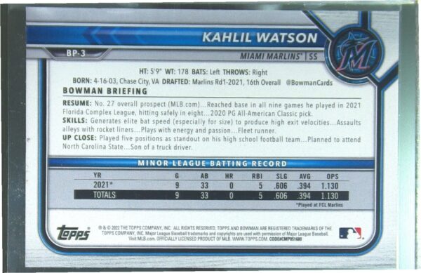 2022 Bowman Kahlil Watson /499 #BP-3 Marlins Prospects Sky Blue - Image 3