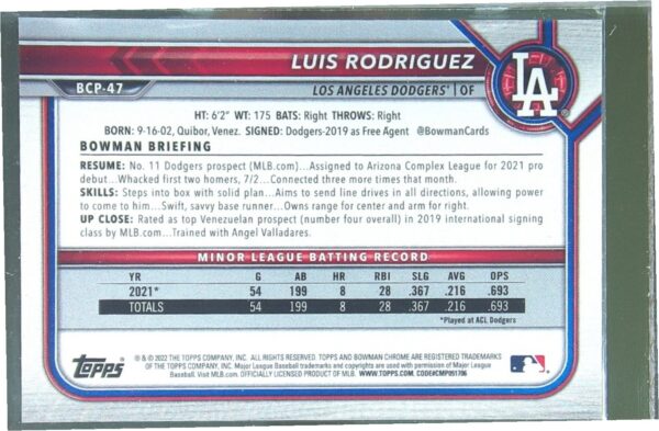 2022 Bowman Luis Rodriguez /99 #BCP-47 Dodgers Chrome Prospects Green Shimmer - Image 3