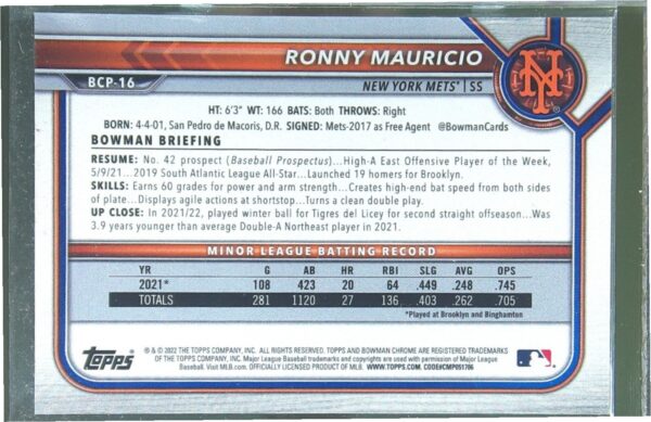 2022 Bowman Ronny Mauricio /299 #BCP-16 Mets Chrome Prospects Speckle Refractor - Image 3