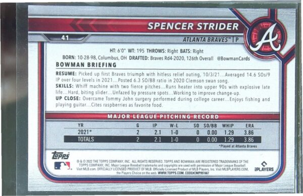 2022 Bowman Spencer Strider RC #41 Braves - Image 3