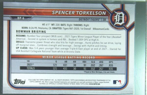 2022 Bowman Spencer Torkelson /99 #BP-6 Tigers Prospects Green Pattern - Image 3