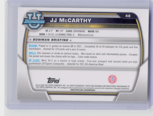 2022 Bowman University Chrome JJ McCarthy #48 Wolverines - Image 3