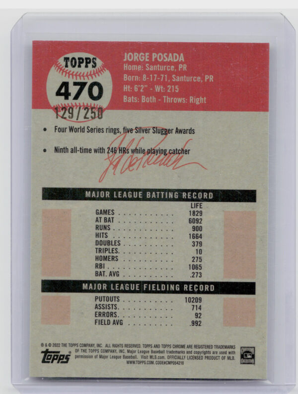 2022 Chrome Platinum Anniversary Jorge Posada Yellow RayWave Refractor SN250 - Image 3