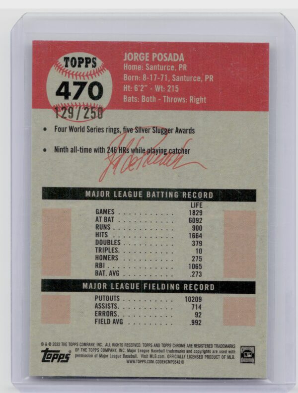 2022 Chrome Platinum Anniversary Jorge Posada Yellow RayWave Refractor SN250 - Image 3