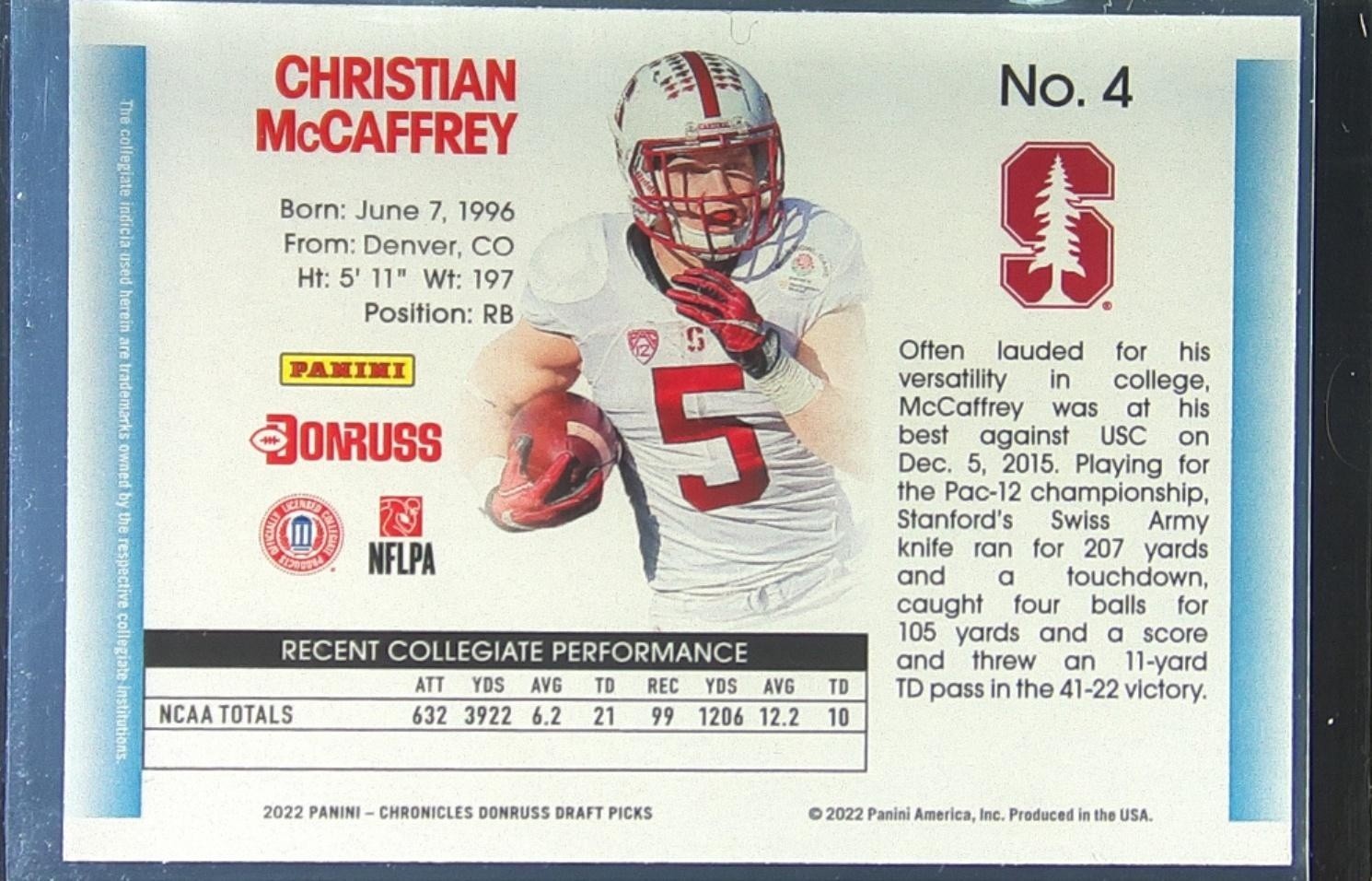 2022 Chronicles Draft Christian McCaffrey #4 Cardinal Donruss Retro - Image 3