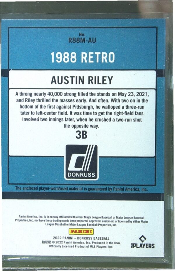 2022 Donruss Austin Riley JSY #R88M-AU Braves Retro 1988 Materials - Image 3