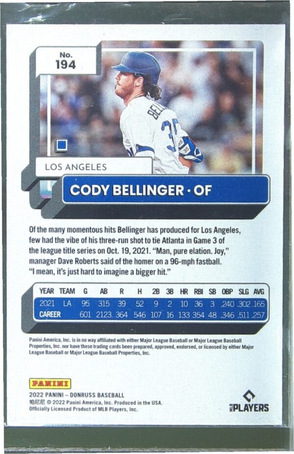 2022 Donruss Cody Bellinger Red /2022 #194 Dodgers - Image 3