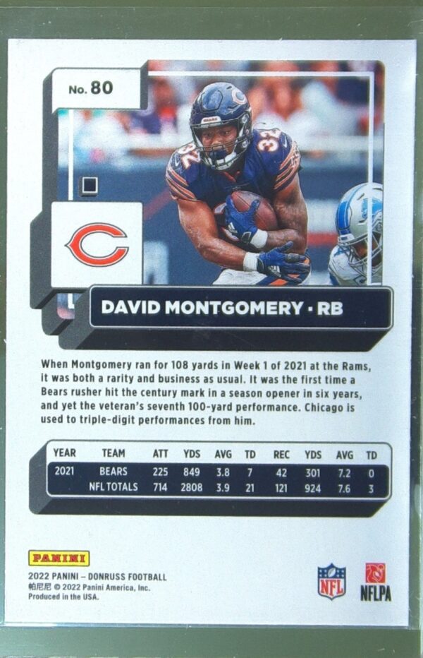 2022 Donruss David Montgomery Blue Press Proof #80 Bears - Image 3