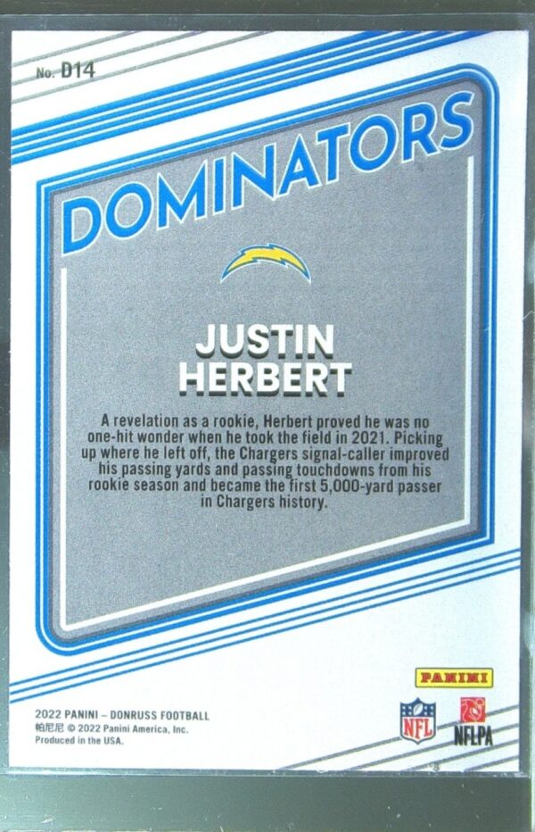 2022 Donruss Justin Herbert #D14 Chargers Dominators - Image 3