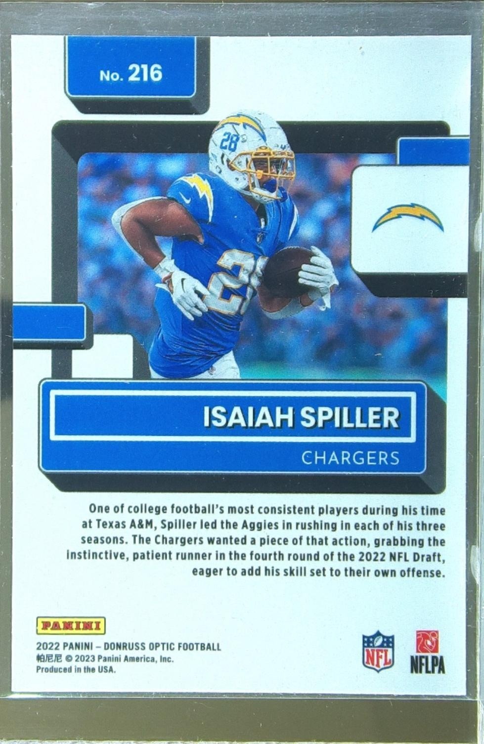 2022 Donruss Optic Isaiah Spiller RC #216 Chargers - Image 3
