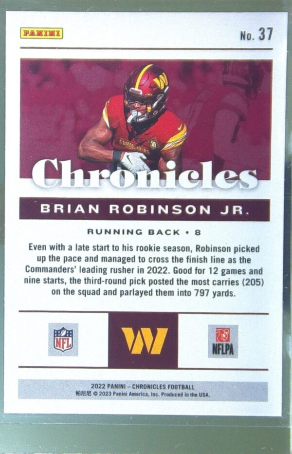 2022 Panini Chronicles Brian Robinson Jr. Pink RC #37 Commanders - Image 3