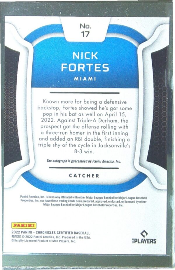 2022 Panini Chronicles Nick Fortes Auto RC #17 Marlins Certified Autographs - Image 3