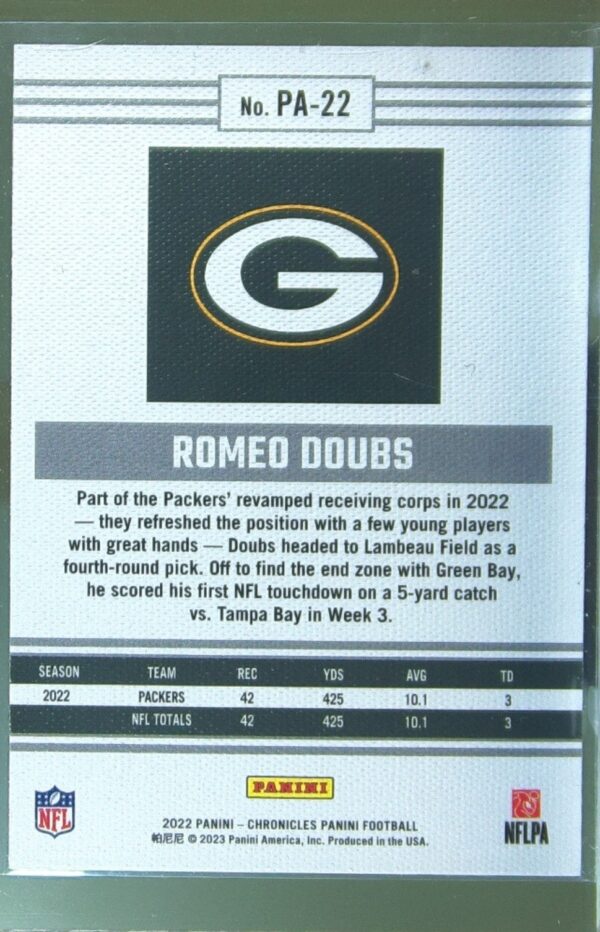 2022 Panini Chronicles Romeo Doubs RC #PA-22 Packers Panini Pink - Image 3