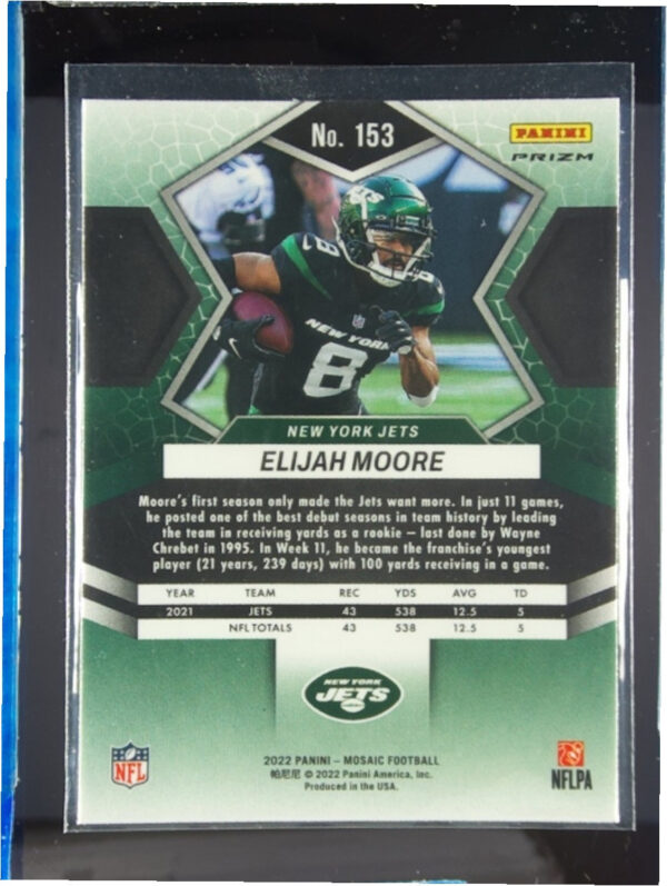 2022 Panini Mosaic Elijah Moore Sparkle Blue SP #153 Jets - Image 3