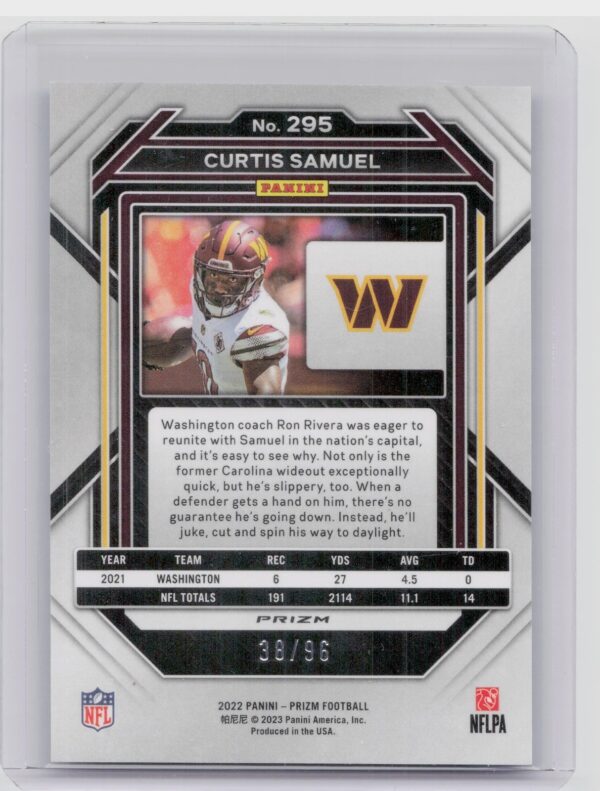2022 Panini Prizm Curtis Samuel Blue Sparkle SN96 #295 Commanders - Image 3
