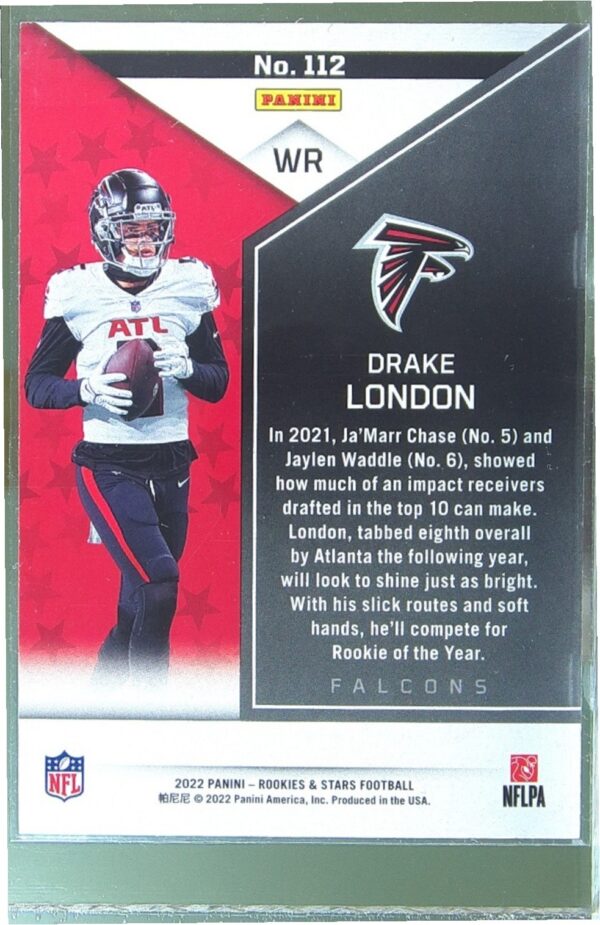 2022 Panini Rookies & Stars Drake London Red RC #112 Falcons - Image 3