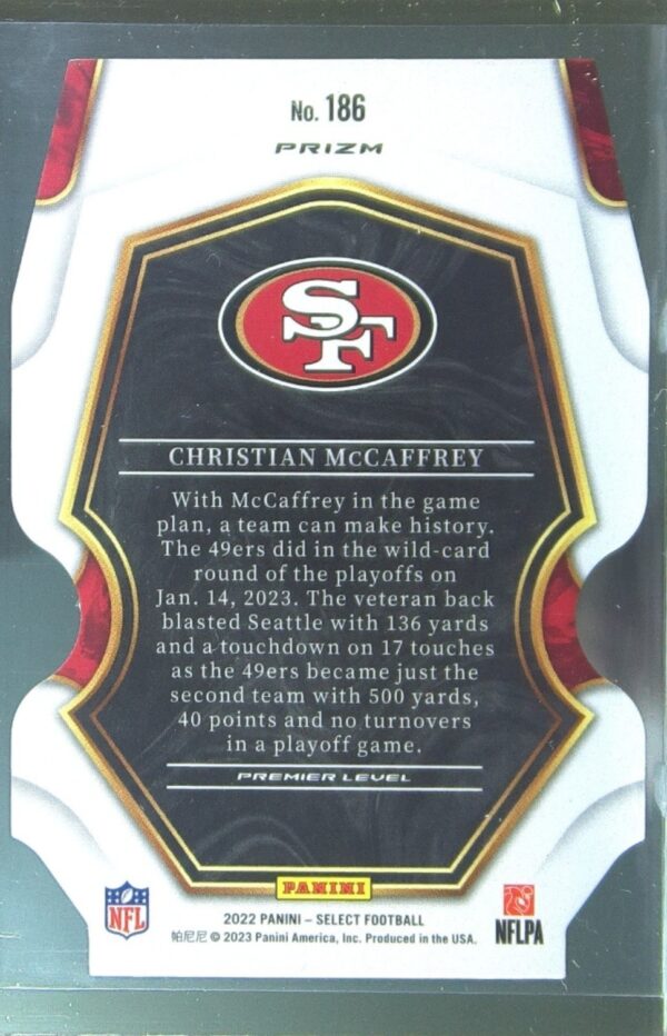 2022 Select Christian McCaffrey Black and Red Prizm Die Cut #186 49ers - Image 3