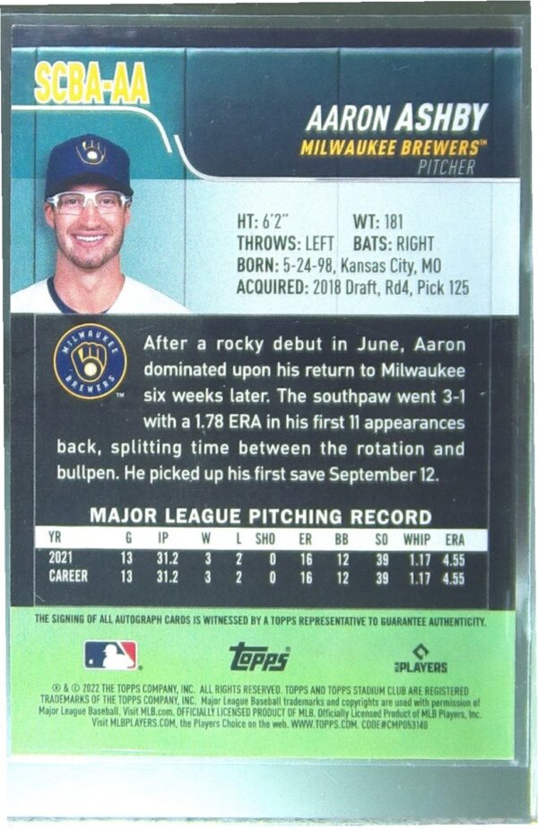 2022 Stadium Club Aaron Ashby Auto RC #SCBA-AA Brewers Autographs - Image 3
