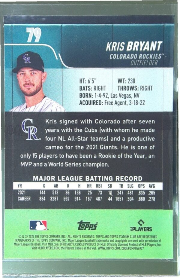 2022 Stadium Club Chrome Kris Bryant X Fractor #79 Rockies - Image 3