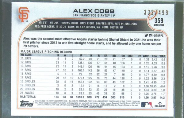 2022 Topps Alex Cobb Green Foilboard /499 #359 Giants - Image 3