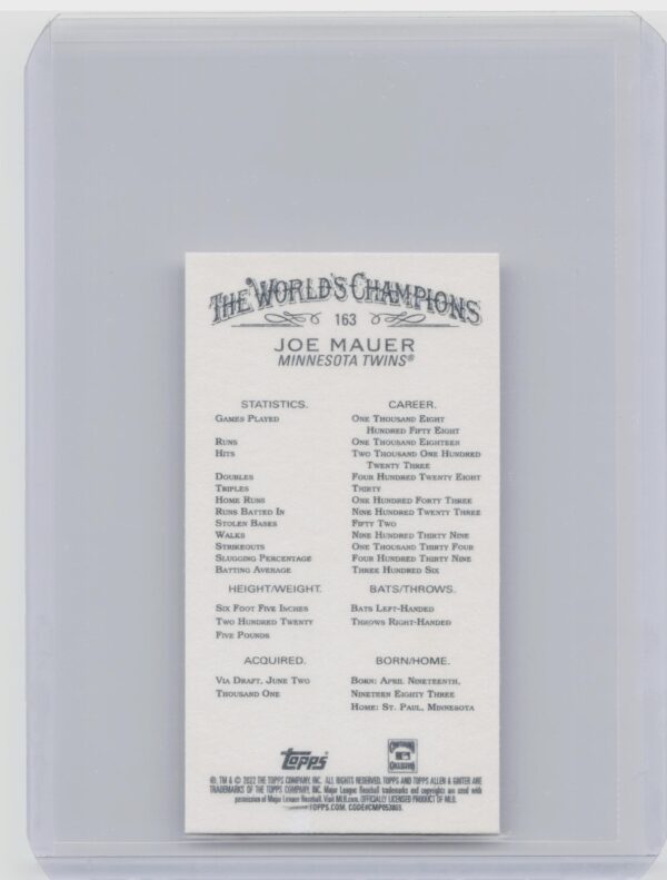2022 Topps Allen & Ginter Joe Mauer Mini #163 Twins - Image 3