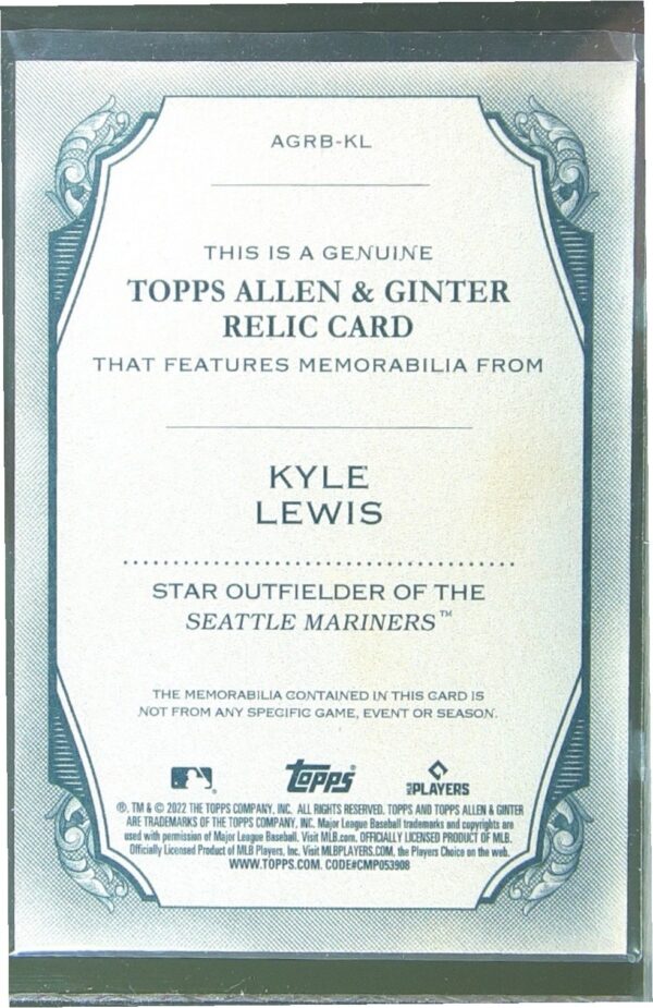 2022 Topps Allen & Ginter Kyle Lewis JSY #AGRB-KL Mariners Full Size Relics B - Image 3