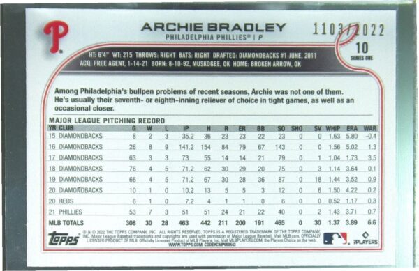 2022 Topps Archie Bradley Gold /2022 #10 Phillies - Image 3