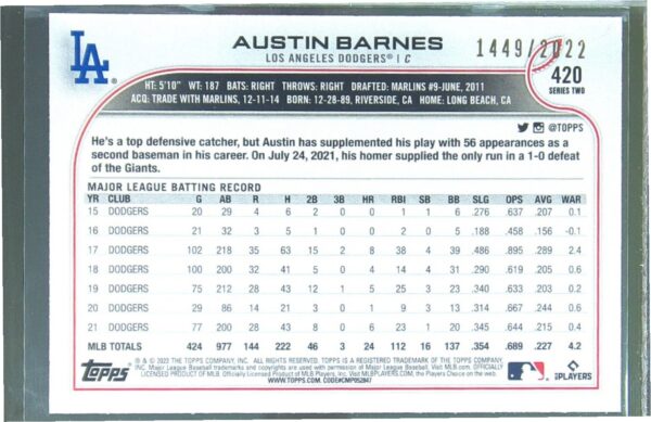 2022 Topps Austin Barnes Gold /2022 #420 Dodgers - Image 3