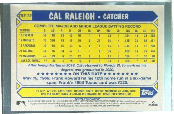 2022 Topps Cal Raleigh RC #T87-72 Mariners 1987 Topps Baseball 35th Anniversary - Image 3
