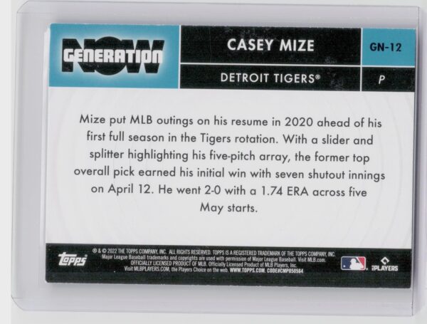 2022 Topps Casey Mize #GN-12 Tigers Generation Now - Image 3