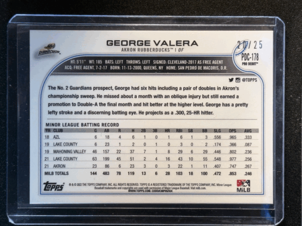 2022 Topps Chrome Pro Debut George Valera Orange Lava Refractor /25 Guardians PD - Image 3